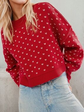 Red Knit Crewneck Sweater with Mini Dot Pattern - Women SM L XL